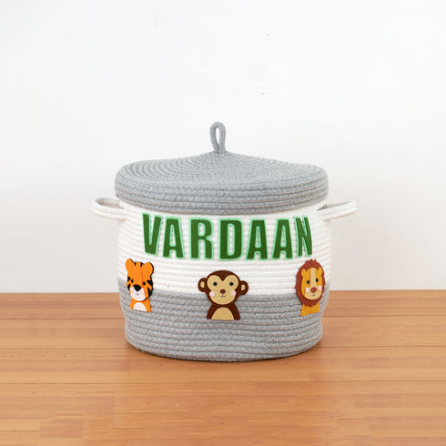 Safari Animals- Grey Rope Basket With Lid